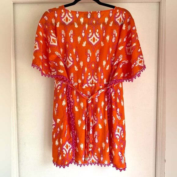 Mud Pie Orange & Pink Adjustable Swimsuit Coverup Size Small Pom Pom Medium - Picture 2 of 6